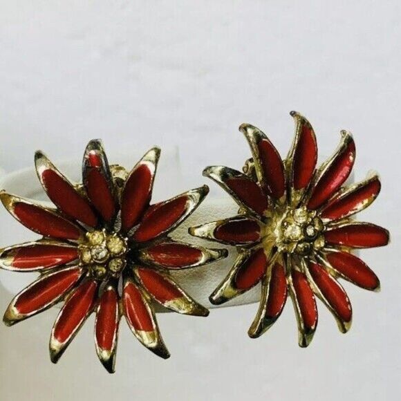 Vintage Red Enamel Sunflower Rhinestone Gold Tone Clip On Button Earrings - Picture 6 of 10